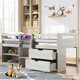 Twin Loft Bed Frame with 2 Storage Drawers and 2 Tier Shelves, Wood Loft Bed with Safe Guardrail for Kids Boys and Girls, Antique White