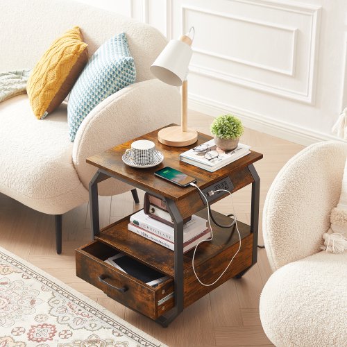 Nightstand with Charging Station, End Table with USB Ports and Outlets, Wood & Metal Farmhouse Nightstand Small Sofa Bed Side Table for Living Room Bedroom Dorm, Rustic Brown