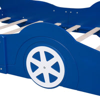 Full Size Race Car-Shaped Platform Bed for Kids, Solid Wood Bed Frame with Safety Rails and Wheels, Modern Low Bed with Sturdy Slats Support for Boys and Girls, No Box Spring Needed, Blue
