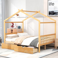 Full Size House Platform Bed Frame with Two Drawers, Wood House Bed Frame with Headboard and Footboard, House Cabin Bed Frame for Kids Toddlers Boys Girls, No Need Spring Box, Natural