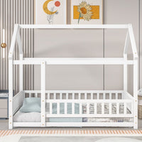 Twin Size Floor Bed with Fence Guardrails for Kids, Solid Wood House Bed Frame with Roof for Boys and Girls Bedroom, Playhouse Design, No Slats Included, No Box Spring Needed, White
