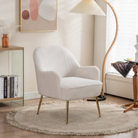 TRIPLE TREE Modern Soft Teddy Fabric Ivory Ergonomics Accent Chair, Comfy Fluffy Armchair, Vanity Chair with Gold Legs and Adjustable Legs for Indoor Home Living Room Bedroom, White