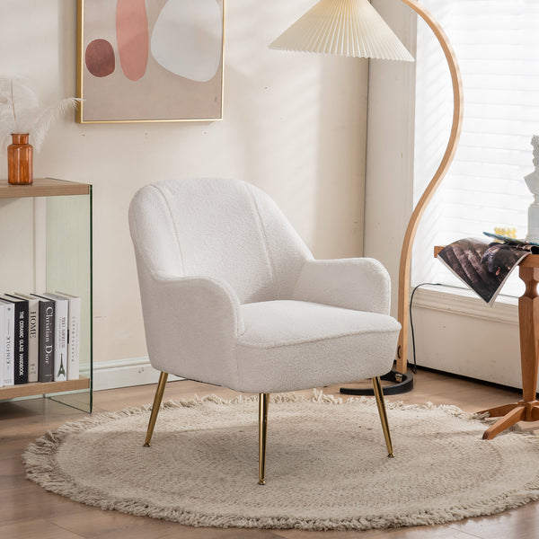 TRIPLE TREE Modern Soft Teddy Fabric Ivory Ergonomics Accent Chair, Comfy Fluffy Armchair, Vanity Chair with Gold Legs and Adjustable Legs for Indoor Home Living Room Bedroom, White