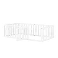 Full Size Montessori Floor Bed for Kids,Solid Wood Floor Bed Frame with Fence and Door, Bed Frame for Kids Toddlers,Box Spring Needed
