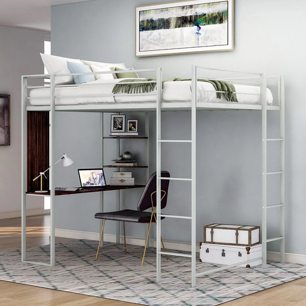 Twin Size Loft Bed with Desk and Shelves, Metal Loft Bed Frame with 2 Built-in Ladder and Safety Guardrails for Kids Teens Adults, No Box Spring Needed, Silver 79.9" L x 41.7" W x 71.7" H