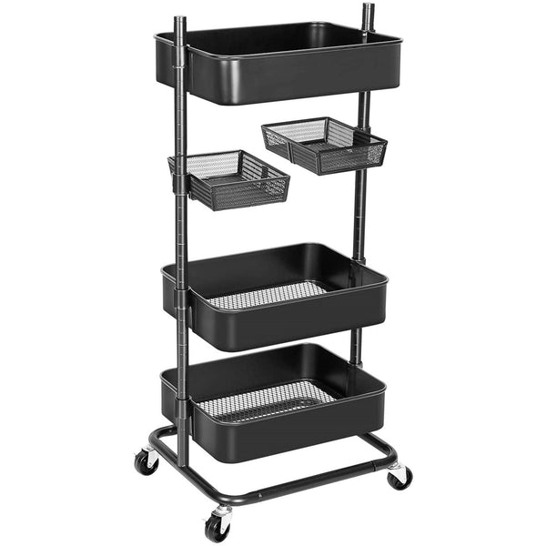 Anstar 3-Tier Rolling Utility Cart with 2 Rotatable Trays Adjustable Multifunction Storage Cart with Lockable Wheels Easy Assembly Makeup Cart Trolley Cart for Kitchen Bathroom Garage Salon (Black)