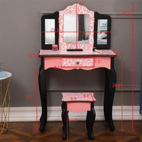 Kids Wooden Vanity Table and Stool Set - Make-up Vanity Station with Detachable Three-Fold Mirror and Single Drawer - Children's Dressing Table and Chair with Arc Foot Design - Red Leopard Print