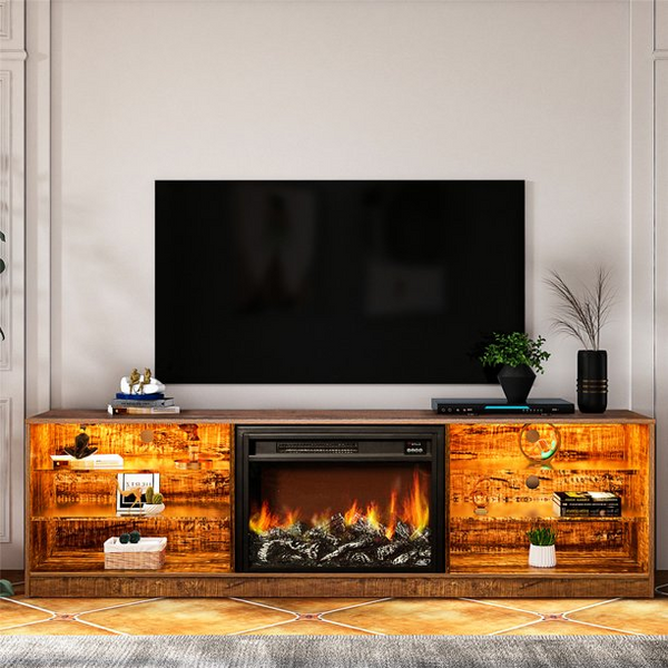 Fireplace TV Stand with Storage Shelves, Entertainment Center Television Stand for TV Up to 70 Inches, Electric Heater with Remote Control & Adjustable Brightness, Walnut