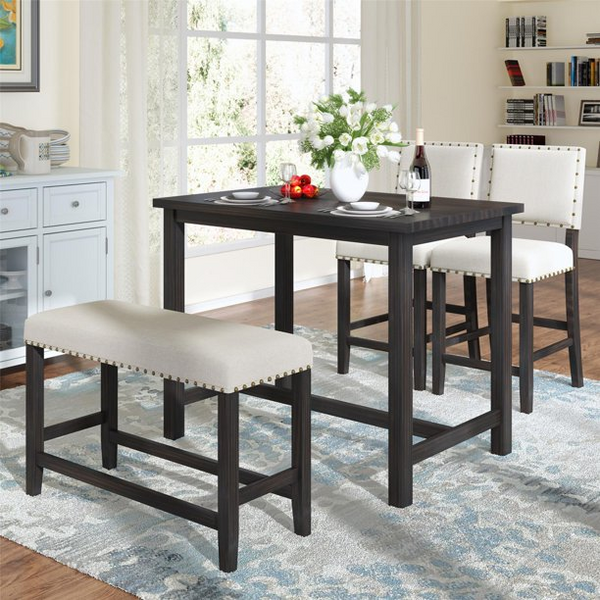 4 Piece Dining Table Set Rustic Wooden Counter Height Table with Upholstered Bench and Chair, Espresso+ Beige