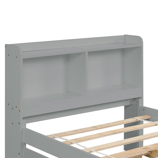 Twin Bed with Trundle, Twin Bed Frame with Bookcase Headboard, Wood Twin Platform Bed with Pull Out Trundle Bed for Kids, Gray