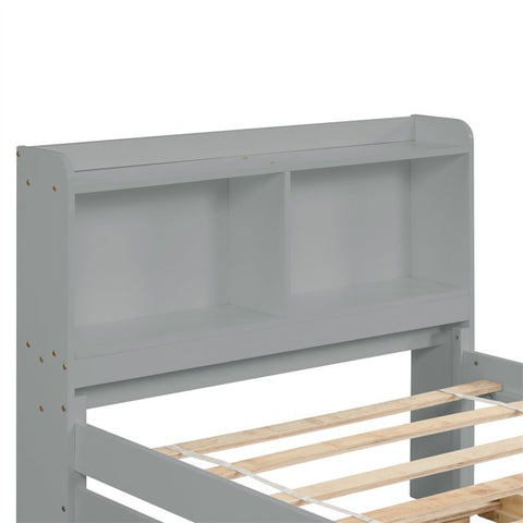 Twin Bed with Trundle, Twin Bed Frame with Bookcase Headboard, Wood Twin Platform Bed with Pull Out Trundle Bed for Kids, Gray