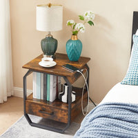 Nightstand with Charging Station, End Table with USB Ports and Outlets, Wood & Metal Farmhouse Nightstand Small Sofa Bed Side Table for Living Room Bedroom Dorm, Rustic Brown