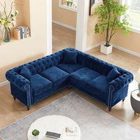 L-Shaped Velvet Tufted Sectional Sofa Set with 3 Pillows Classic Upholstered Rolled Arm Chesterfield Sectional Sofa Couch for Living Room Bedroom, 5 Seater Soft Velvet Lounge with Thick Cushion (Navy)