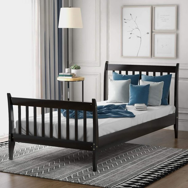 Wood Twin Bed Frame with Headboard and Footboard, Platform Bed Frame Mattress Foundation with Wood Slat Support for Kids, Teens, Twin (Black)