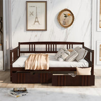 Full Size Daybed Wood Bed with Two Drawers, Solid Wood Captains Bed Sofa Bed Frame for Kids/Teens/Adults, No Box Spring Required, Espresso 78.6''L x 57''W x 34''H