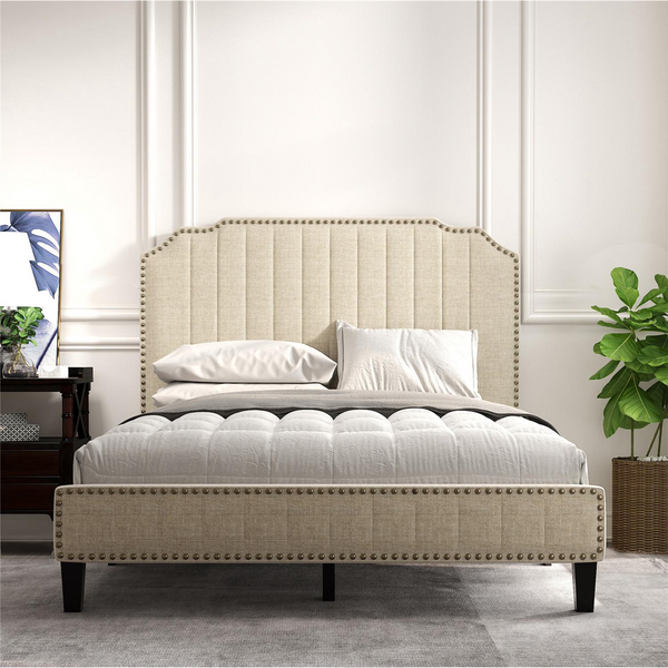 Full Size Upholstered Platform Bed Frame with Headboard, Modern Linen Curved Wood Bed with Nailhead Trim, No Box Spring Needed, Mattress Foundation, Cream