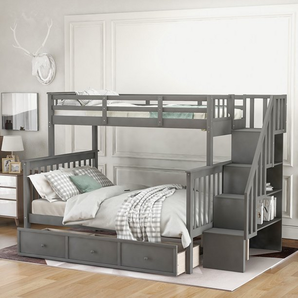 Twin Over Full Bunk Bed with Storage Drawers and Stairs, Wood Bunk Bed with Full- Length Guard Rail for Bedroom Dorm, for Kids Teens Adults, No Box Spring Needed, Gray 91.73''L x 54.33''W x 61.4''H