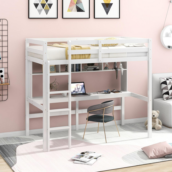 White Twin Size Loft Bed with Under-Bed Desk and Storage Shelves, Wood Loft Bed Frame with Ladder and Full Length Guardrail for Kids, Teens, Girls and Boys, 77.5" L x 41" W x 72" H