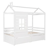Triple Tree Kids House Bed with Drawers, Wood Twin Size Daybed Frame with Storage, Guardrail, Window, Roof, Guardrail for Girls, Boys (White)