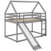Twin Size Floor Bunk House Bed, House Shaped Bunk Beds with Slide,Roofs and Ladder, Wood Twin Size House Bunk Bed for Toddlers, Kids,Teens, Girls and Boys (Gray)