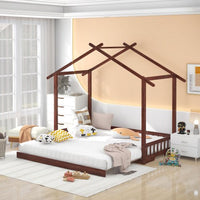 Extending House Bed with Roof Design, Wooden Daybed, Montessori Bed, Twin XL to King House Bed with Trundle, Wooden Multi-Function Twin XL Bed for Bedroom Living Room, No Box Spring Needed, Walnut