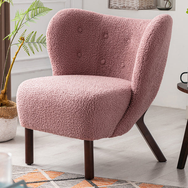 Modern Accent Chair, Soft Lambskin Sherpa Wingback Tufted Side Chair with Solid Wood Legs Ergonomics Sofa Chair for Living Room Bedroom Office, Blush