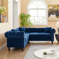 L-Shaped Velvet Tufted Sectional Sofa Set with 3 Pillows Classic Upholstered Rolled Arm Chesterfield Sectional Sofa Couch for Living Room Bedroom, 5 Seater Soft Velvet Lounge with Thick Cushion (Navy)