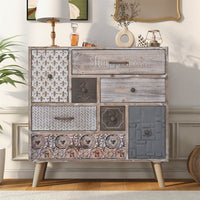 Storage Cabinet with 8 Drawers, Accent Media Console Entry Table Modern Decorative Cabinet with Wood Frame & Colorful Pattern, Sideboard Buffet Entertainment Center for Living Room Bedroom, Brown