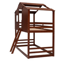 Wooden House Shaped Bunk Bed, Twin Over Twin Bunk Bed for Kids, Toddler, Girls and Boys, Playhouse Low Bunkbed Solid Wood Frame with Roof, Ladder and Window, No Box Spring Needed, Walnut