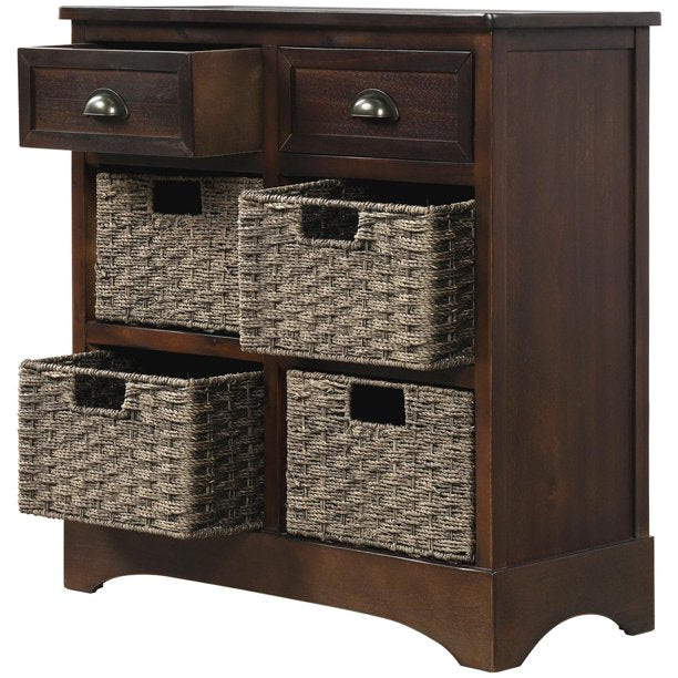 Storage Chest with 2 Drawers and 4 Rattan Baskets, Wood Accent Cabinet Hallway Side Table farmhouse cabinet for Kitchen Living Room, Dining Room, Entryway(Espresso)
