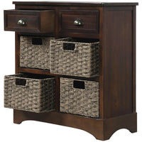 Storage Chest with 2 Drawers and 4 Rattan Baskets, Wood Accent Cabinet Hallway Side Table farmhouse cabinet for Kitchen Living Room, Dining Room, Entryway(Espresso)
