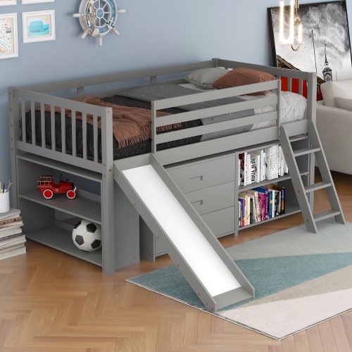 Twin Size Loft Bed with Storage, Wooden Loft Bed Frame with Slide & Bookcases & 3-Tier Drawers, Convertible Ladder and Slide, Low Loft Bed for Kids Girls Boys, No Box Spring Needed, Gray