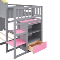 Twin over Full House Bunk Bed Frame, with Pink Staircase and Drawer, Shelves Under the Staircase, House Shaped Bed with Windows, for Girls and Boys