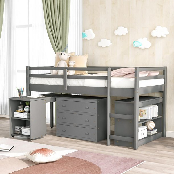 Twin Loft Bed with Rolling Portable Desk and Cabinet, Pinewood Low Study Loft Bed with 3 Drawers, 4 Storage Shelves, Ladder and Full-Length Guardrails for Kids Teens, No Box Spring Needed, Gray