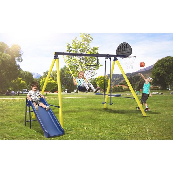 5 in 1 Metal Swing Set for Outdoor Backyard Playground, Swing and Silde Playset for Kids Tolddler with Seesaw Swing, horizontal bar, Basketball Hoop