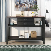 Wood Sofa Table, Color-Matched Console Table with 2 Drawers and Open Shelves for Home, Living Room, Entryway (Black and Walnut)