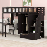 Twin Size Loft Bed, Wooden Loft Bed Frame with Bookshelf and Drawers for Kids Teens, Multifunctional Storage Bed Frame with Built-in Desk and Wardrobe for Bedroom Dorm, Space-Saving Design, Espresso