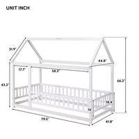 Twin Size Floor Bed with Fence Guardrails for Kids, Solid Wood House Bed Frame with Roof for Boys and Girls Bedroom, Playhouse Design, No Slats Included, No Box Spring Needed, White