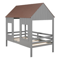 Twin Size House Bed, Low Loft Bed with Brown Roof and 2 Front Windows for Kids Teens Adults, Playhouse Bed Frame with Slat Support and Safety Guardrails for Bedroom, No Box Spring Required, Gray