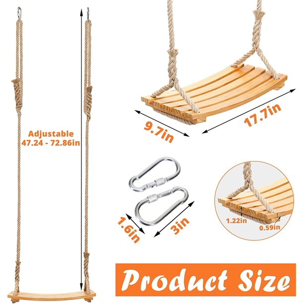 Porch Patio Swing,Tree Swing Sets for Outside Backyard,300lbs Load-Bearing Wooden Seat Adjustable Rope with 2 Steel Carabiner Hooks for Older Kids Adults IndoorOutdoor, Best Gift for Boys Girls
