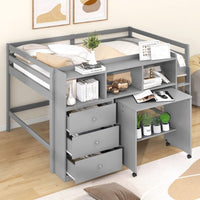 Low Loft Bed, Full Size Loft Bed with Rolling Portable Desk, Wooden Loft Bed with Storage Drawers and Shelves, Multifunctional Bed Frame for Kids Teens Boys Girls, Space Saving Loft Bed, Gray