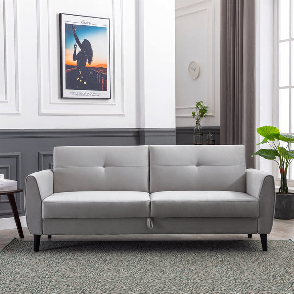 Convertible Folding Futon Sofa with Storage Box, Velvet Loveseat Sofa with Adjustable Backrest and Rubber Wood Legs, Modern Sleeper Sofa Bed for Living Room, Bedroom and Office, Gray