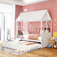 Twin House Bed with Twin Size Trundle, Wooden Daybed Frame with Playhouse Roof and Window for Kids Toddlers Teens, No Box Spring Need, White