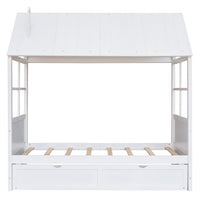 Twin House Bed with Twin Size Trundle, Wooden Daybed Frame with Playhouse Roof and Window for Kids Toddlers Teens, No Box Spring Need, White