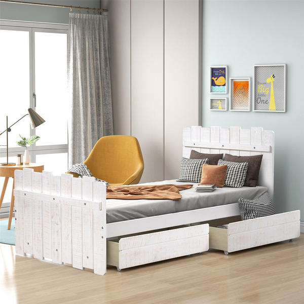White Twin Size Platform Bed with 2 Storage Drawers, Wood Platform Bed Frame with Vintage Fence-shaped Headboard and Footboard and Wooden Slat Support for Kids Girls Boys Teens, No Box Spring Needed