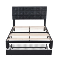 Queen Size Velvet Platform Bed with a Big Drawer, Upholstered Storage Bed with Two Wireless Chargers and Motion Activated Night Light, Queen Platform Bed with Headboard, No Box Spring Needed, Black