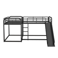 Quad Bunk Beds for 4,Full and Twin Size L-Shape Metal Bunk Bed with Slide and Short Ladder,Heavy-Duty Metal Floor Bunk Bed,Modern Corner Bunk Bed with Guardrails for Kids Teens Boys Girls,Black