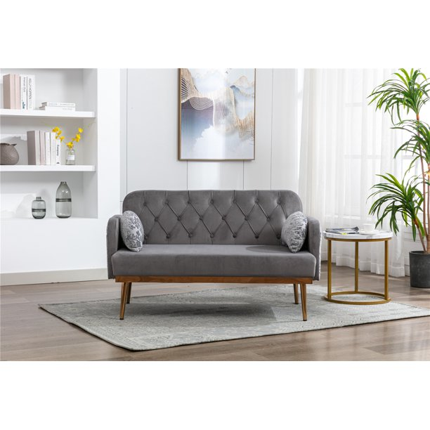 55'' Velvet Sofa, Loveseat Accent Sofa with 2 Pillows and Branch Jacquard Pattern for Living Room Bedroom, 600 Pounds Weight Capacity, Gray
