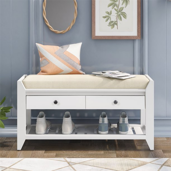 Entryway Storage Bench with 2 Drawers and Cushioned Seat, Modern Wood Shoe Rack for Entryway Hallway Living Room Bedroom, White
