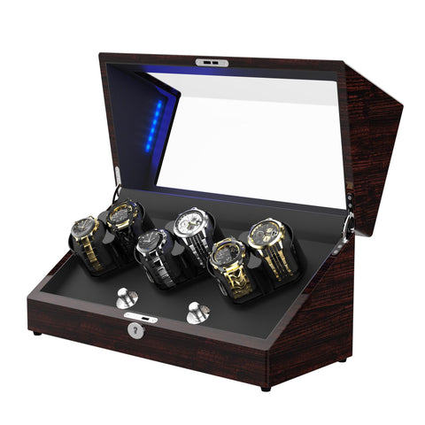 6 Automatic Watch Winder with Lock, Pine Bark Pattern/Pear Wood Pattern